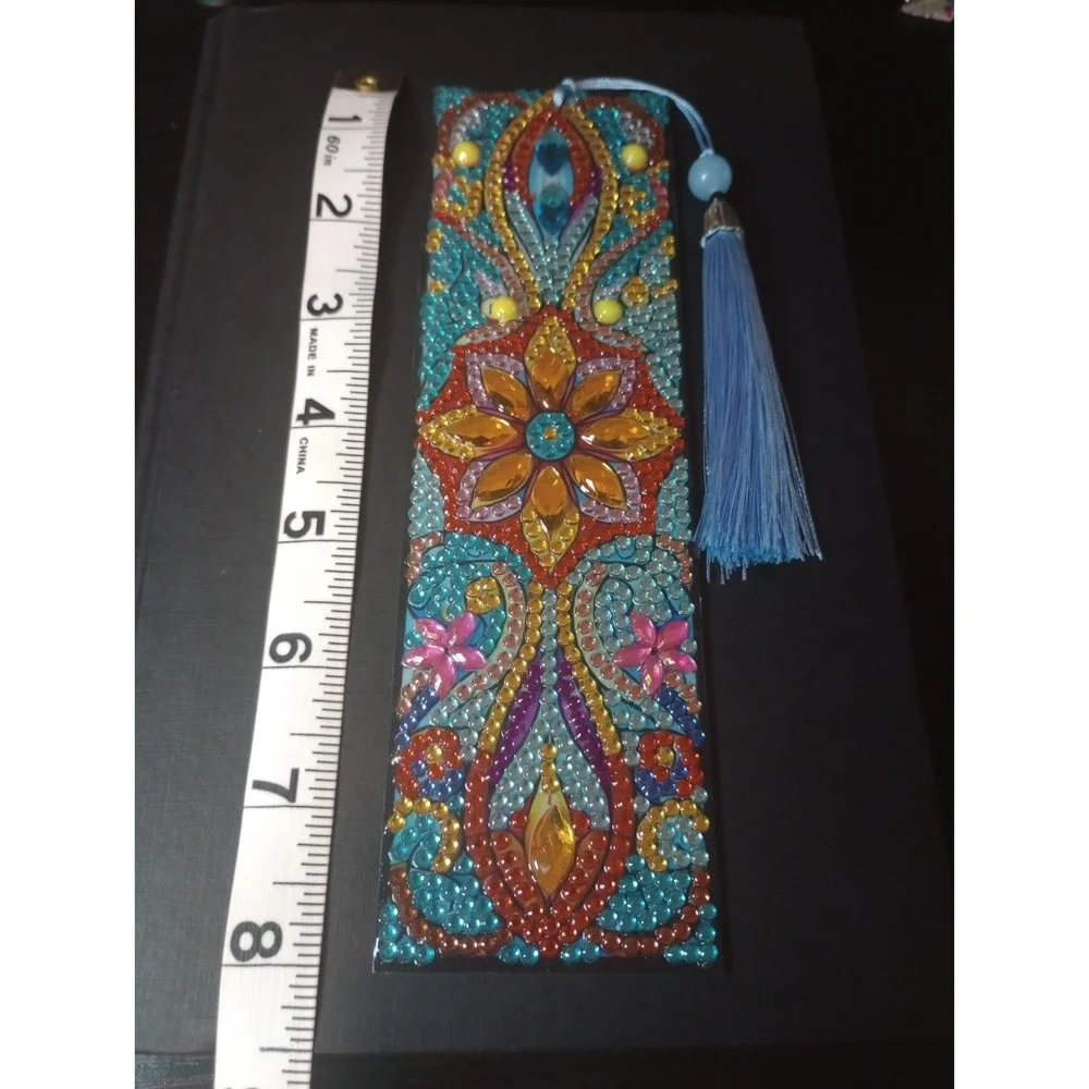 Handmade Diamond Painting Bookmark Blue Tassel Floral Mandala Rhinestone 7.75